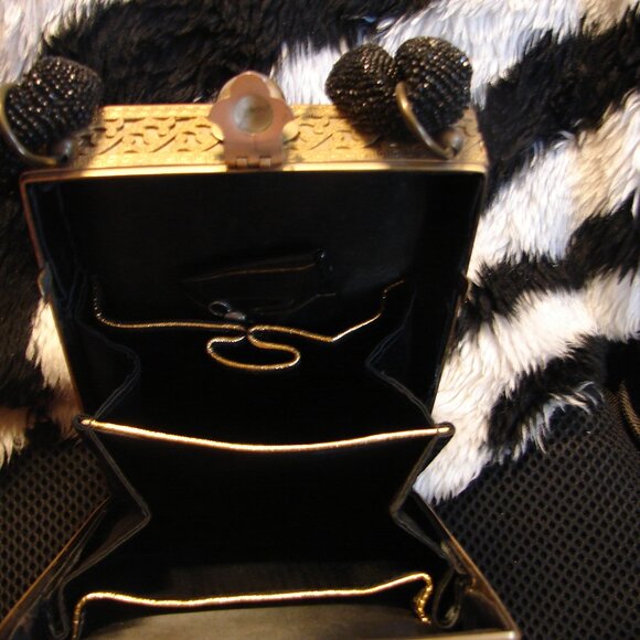 Vintage Purse 1940s Tyrolean Bag Mini Streamer Black Sequin and gold filigree - Picture 3 of 11